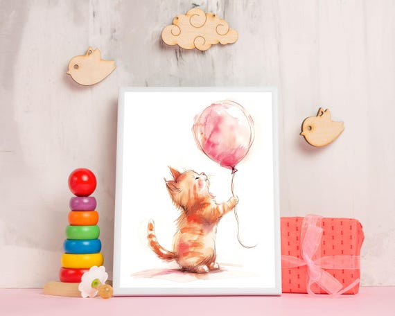 Cute Orange Cat Holding Pink Balloon | Digital Art with Painting Effect on White Background | Adorable Cat Wall Art |Playful Cat Digital Art