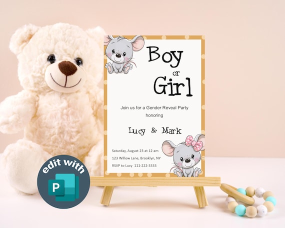 Mouse Gender Reveal Invitation Template: Pastel Baby Shower (Editable)