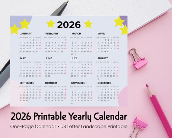 2026 Calendar Printable | Year at a Glance Planner | Digital Download | Sunday Start