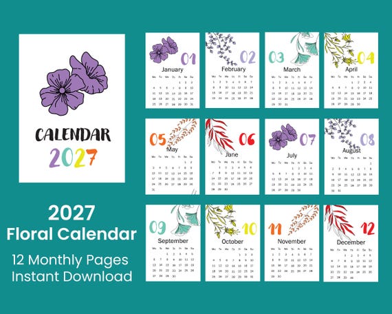 2027 Floral Wall Calendar | Hand-Drawn Botanical Illustrations (Digital Download)