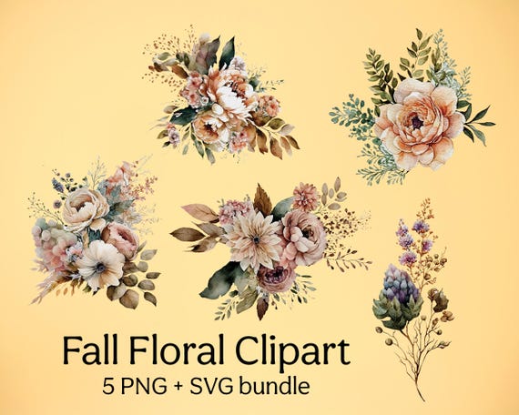 Fall Boho Floral Bouquets Clipart Set | Watercolour Autumn Wedding PNG SVG