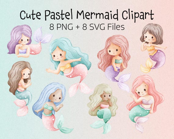 Mermaid Clipart | Cute Mermaid Clip Art | Pastel Mermaid PNG | Watercolor Mermaid Graphics | Fantasy Girl Clipart | Cricut SVG
