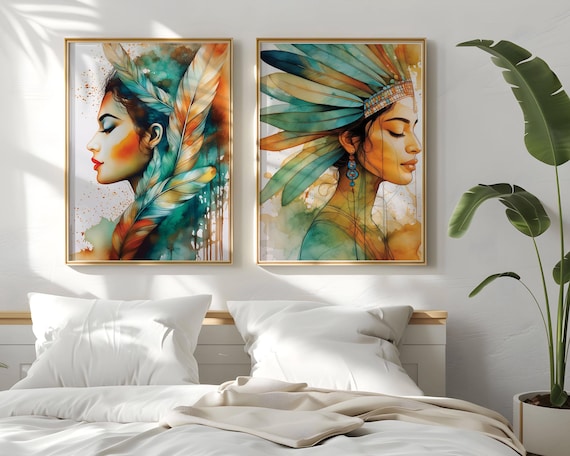 Native Lady Art Prints: Soft Pastel Colors, Set of 2 (Digital Download}