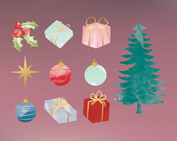 Christmas Clipart Set | Watercolour Holiday Elements | Tree, Gifts, Ornaments and Holly Graphics (Digital Download)