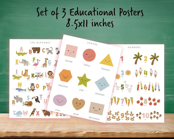 Educational Posters Set | ABC, Numbers, Shapes Learning | Kids Wall Art (8.5x11 Digital Download)