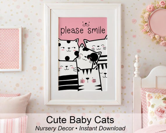 Cat Printable Wall Art | Kawaii Kitten Nursery Print | Pink Baby Room Decor