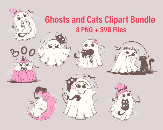 Halloween Clipart Set | Ghost and Cat PNG SVG | Pastel Halloween Graphics | Spooky Digital Download