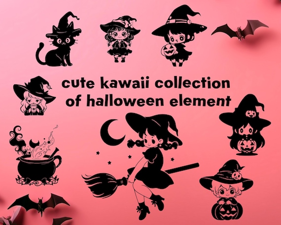 Kawaii Halloween Clipart: Spooky Witch, Cat, Pumpkin (SVG & PNG)