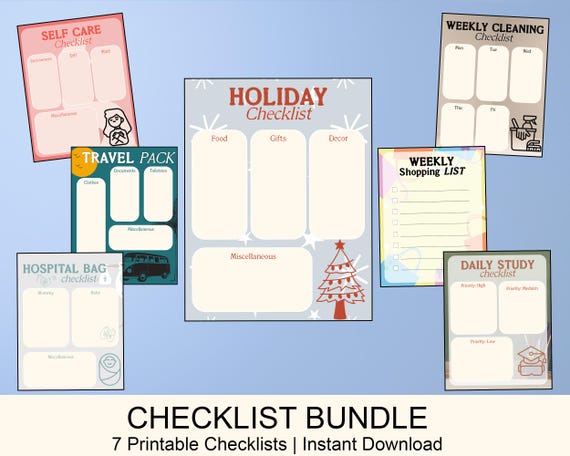 Printable Checklist Bundle | 7 Checklist Pages | Organization Printable