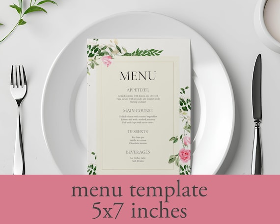 Editable Floral Menu Card Printable | Elegant Dinner Menu Template | Instant Download