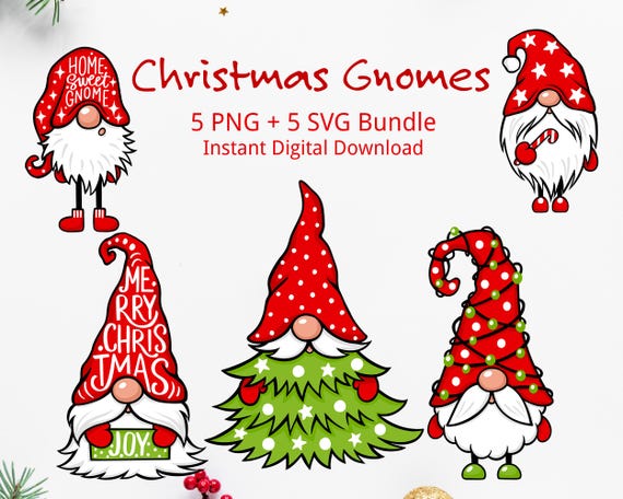 Christmas Gnome Clipart Bundle | PNG SVG Files for Cricut | Holiday Gnome Designs