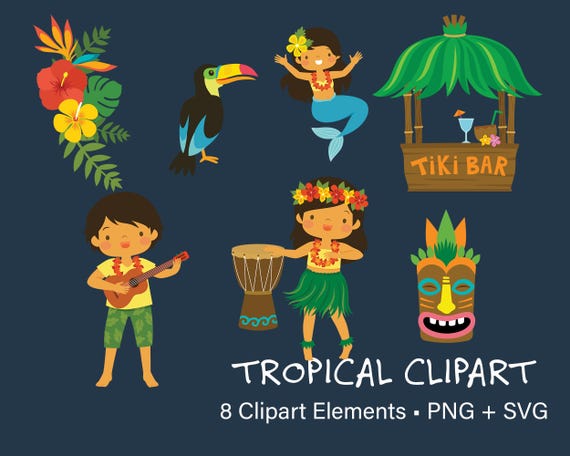 Tropical Clipart Bundle – Tiki Bar Hawaiian Kids & Flowers | SVG PNG Digital Download