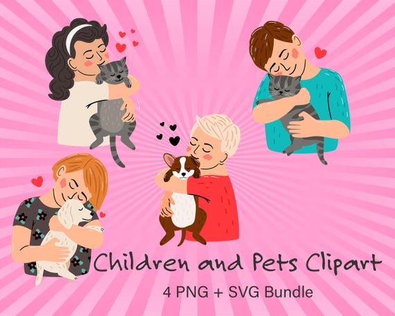 Children Hugging Cats Dogs Art Print | Nursery Animal Love Illustration (Digital Download)