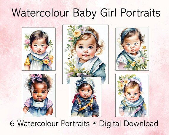 Watercolour Baby Girl Wall Art | Newborn Portraits | Digital Download | Nursery Decor Printable