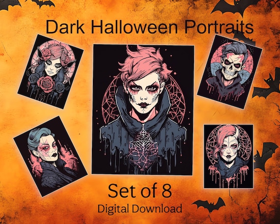 Dark Halloween Portraits Set of 8 | Gothic Art Print Collection | Halloween Decor Printable