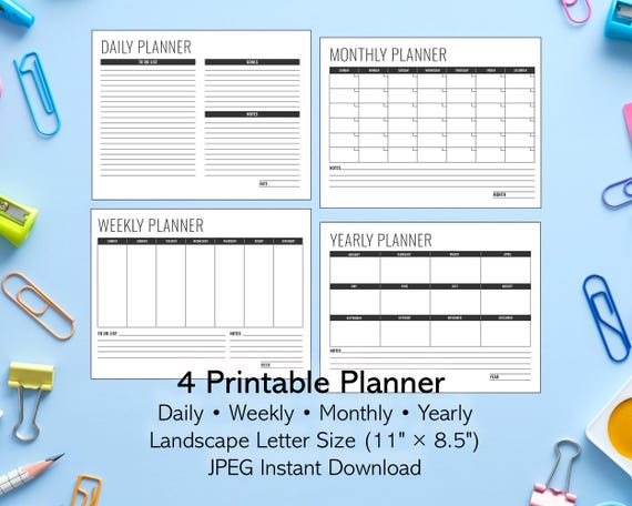 Minimalist Black and White Planner Set | Daily Weekly Monthly Yearly Printable | Simple Planner Pages