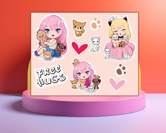 Cute Anime Girl and Animal Stickers – Kawaii Vinyl & Digital Set | Japanese Anime Stickers | Pastel Anime Stickers