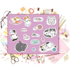 Adorable Cat Stickers | Cute Cartoon Kitty Sticker Set for Scrapbooking & Crafts | Cat-themed Stickers