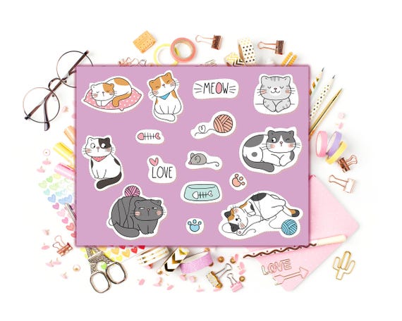 Adorable Cat Stickers | Cute Cartoon Kitty Sticker Set for Scrapbooking & Crafts | Cat-themed Stickers