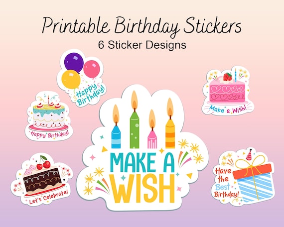 Happy Birthday Printable Stickers | Cake Balloons Gift Clipart | Party Digital Download PNG SVG