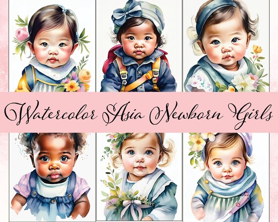 High-Resolution Watercolor Images of Asian Newborn Girls – Perfect for Creative Projects | Asian Baby Stock Photos | Cute Baby Girl Art