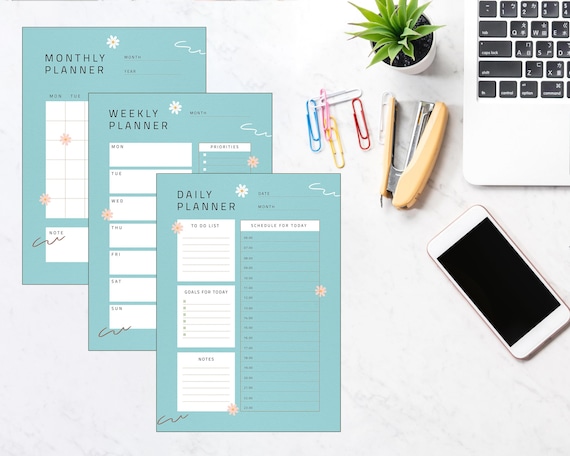 Blue Floral Printable Planner Set – Daily, Weekly & Monthly | Minimalist Planner Template | Home Office Organization | Undated Planner Sheet