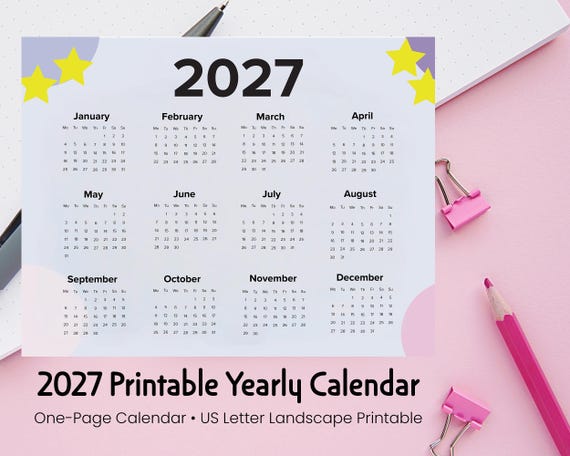 2027 Pastel Star Calendar | Minimalist Yearly Planner (Digital Download)