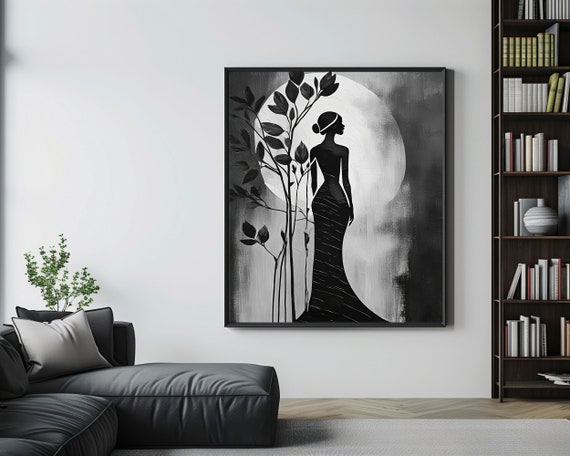 Elevate Your Space with Black White Trendy Modern Wall Decal – Woman Silhouette Art Painting | Stylish Room Accent | Minimalist Art Piece