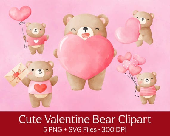 Watercolour Bear Clipart Set | Pink Heart Valentine's Day (SVG & PNG)
