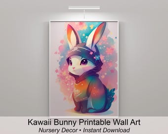 Impressão artística de coelhinho kawaii | Coelho anime em tons pastel, decoração para quarto infantil (download digital)