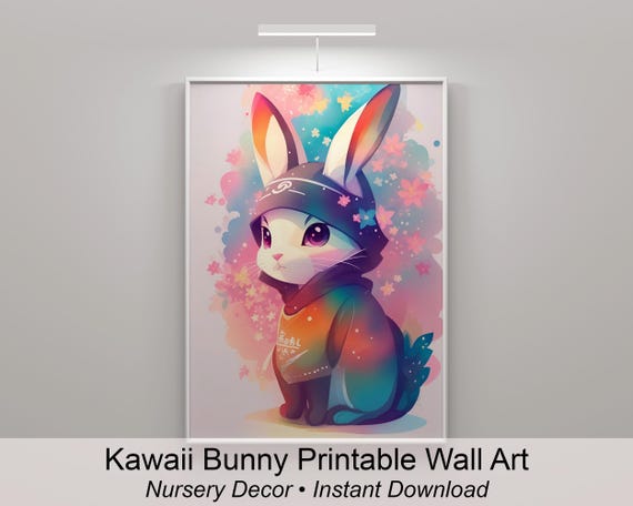 Kawaii Bunny Art Print | Pastel Anime Rabbit, Kids Room Decor (Digital Download)