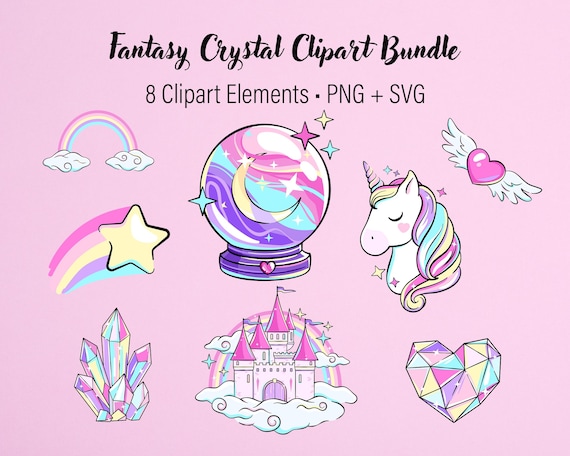 Magic Crystal Clipart Bundle | Unicorn, Rainbow, Castle Fantasy Graphics (PNG, SVG)