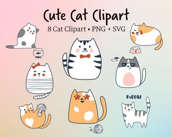 Cat Clipart PNG SVG Bundle | Kawaii Cat Clipart | Cartoon Cat Graphics | Printable Stickers | Sublimation Design