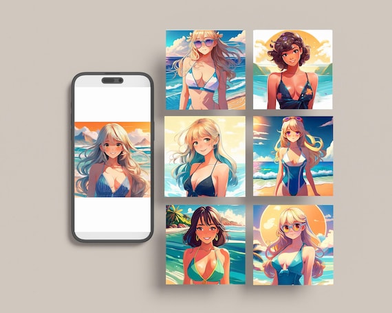 Anime Swimsuit Girl Clipart | Summer Beach Cartoon Illustrations | Digital Anime Art Bundle