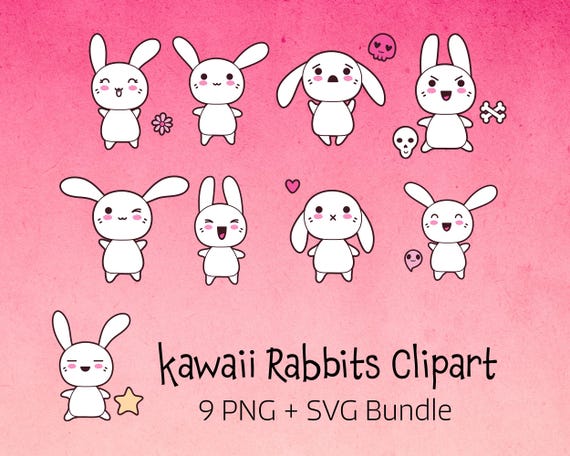 Kawaii Bunny Clipart Bundle | Funny Cartoon Rabbit PNG SVG (Digital Download)