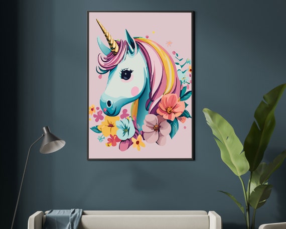 Enchant Your Space: Digital Unicorn Pastel Tropical Floral Wall Art in Various Sizes | Fantasy-themed Artwork | Printable Unicorn Decor