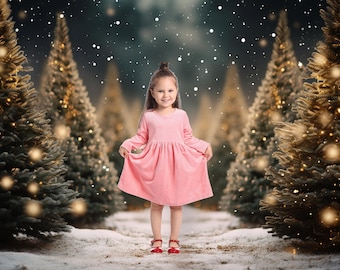 May include: A young child in a pink dress and red shoes poses in a snowy forest setting with Christmas trees. The dress has long sleeves and a gathered waist. The background features softly lit trees and falling snow.