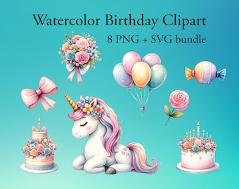 Aquarel verjaardag clipart set 8 | Eenhoorn verjaardagsfeest PNG en SVG bundel