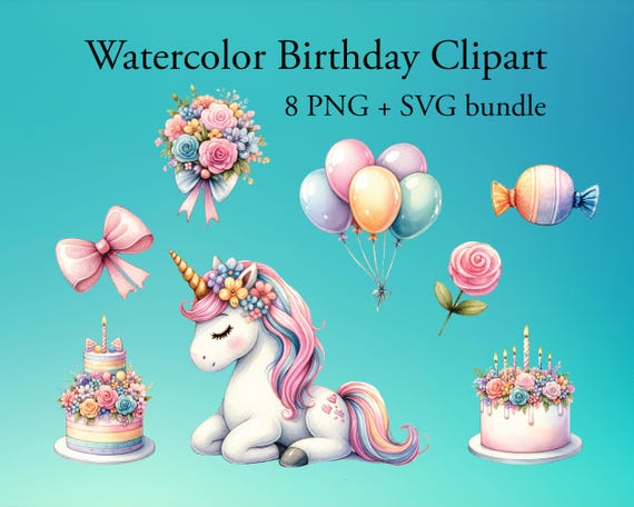 Watercolor Birthday Clipart Set 8 | Unicorn Birthday Party PNG  and SVG Bundle