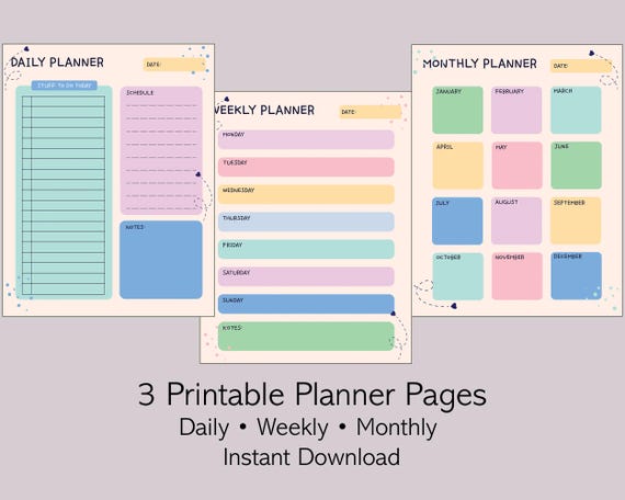 Minimalist Planner Set: Daily, Weekly, Monthly - Colorful Jpeg (Digital Download)