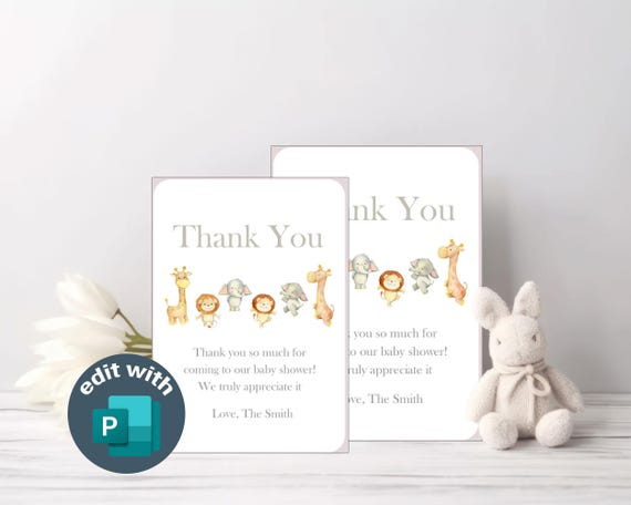 Safari Animals Baby Shower Thank You Card Template (Editable, 5x7, Digital Download)