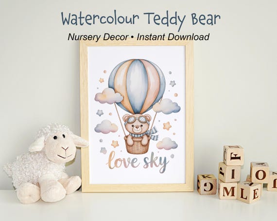 Watercolor Flying Teddy Bear Wall Art | Nursery Animal Art | Baby Room Decor Digital Download