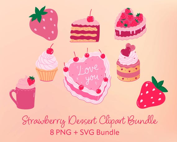 Strawberry Dessert Clipart: Pink Cake & Cupcake Illustrations (PNG, SVG Digital Download)