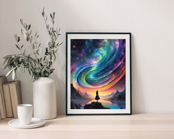 Celestial Elegance: Rainbow Galaxy Women Silhouette Wall Art for Vibrant Spaces | Feminine Silhouette Wall Hanging | Rainbow Galaxy Wall Art