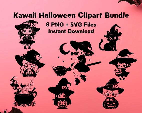 Kawaii Halloween Clipart: Spooky Witch, Cat, Pumpkin (SVG & PNG)