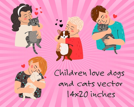 Kids and Pets Printable Wall Art | Children Hugging Cats and Dogs | Nursery Poster | Animal Love Illustration | Room Decor