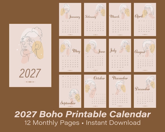 2027 Boho Line Art Calendar | Feminine Minimalist Wall Decor (Digital Download)