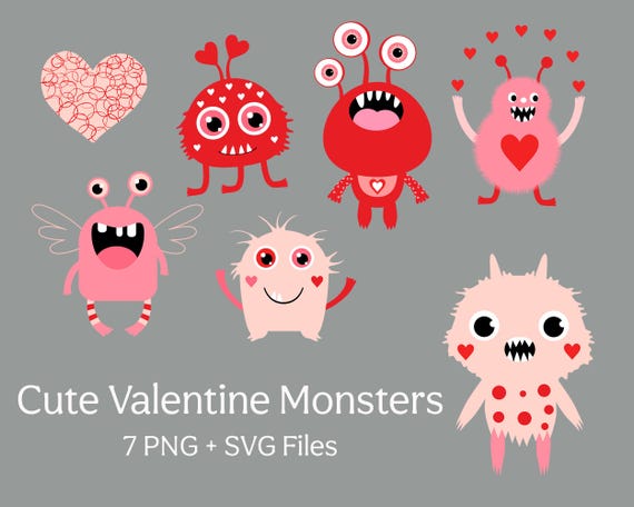 Valentine Monster Clipart Set | Love Monsters SVG PNG | Hearts Valentine Vector