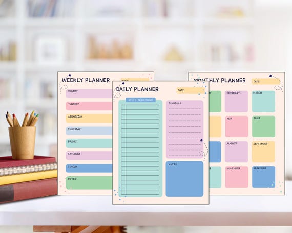 Printable Daily, Weekly & Monthly Planner Set – Colourful Minimalist Jpeg Bundle | Minimalist Planner Printable | Home Office Organization