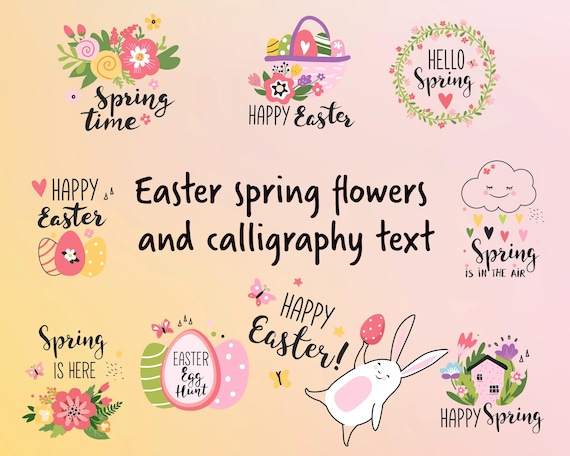 Easter Spring Clipart Set | Flowers, Bunny, Eggs, Calligraphy (9 PNG SVG)